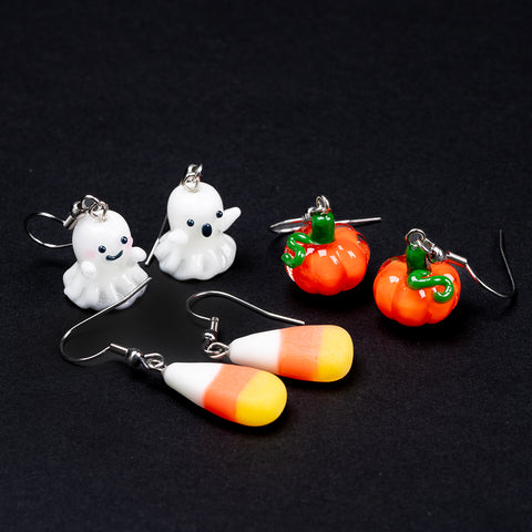 Halloween glass earrings 3 pack with ghosts pumpkins and candy corn