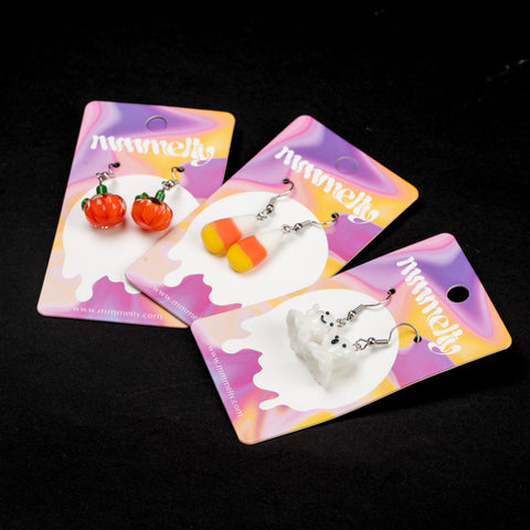 Handmade glass ghost pumpkin and candy corn earrings by mmmelty