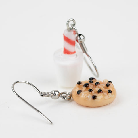 Cute borosilicate glass earrings shaped like milk and cookie